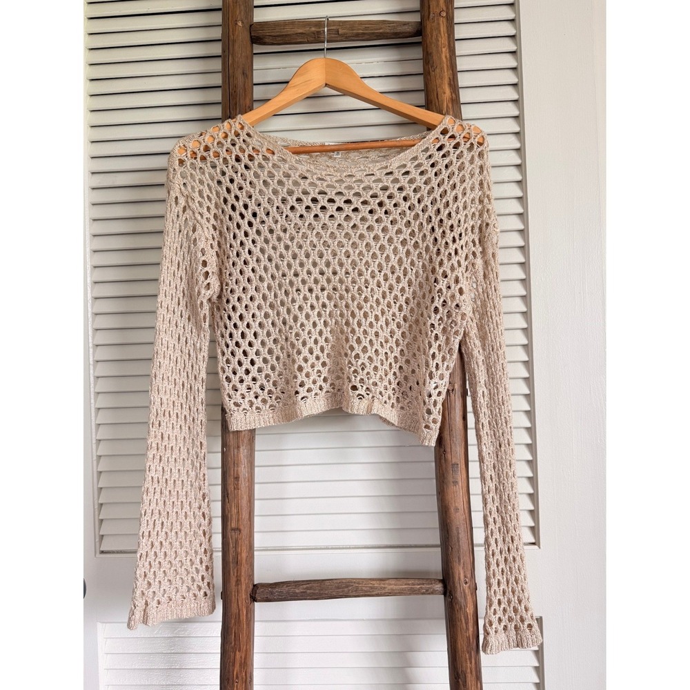 En‎ Creme Crochet Sweater Medium Tan Open Knit Boho Cropped Bell Sleeve